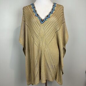 Chicos Nicki Knit Peri Poncho Gold Turquoise Beaded Sweater‎ Size Small/Medium